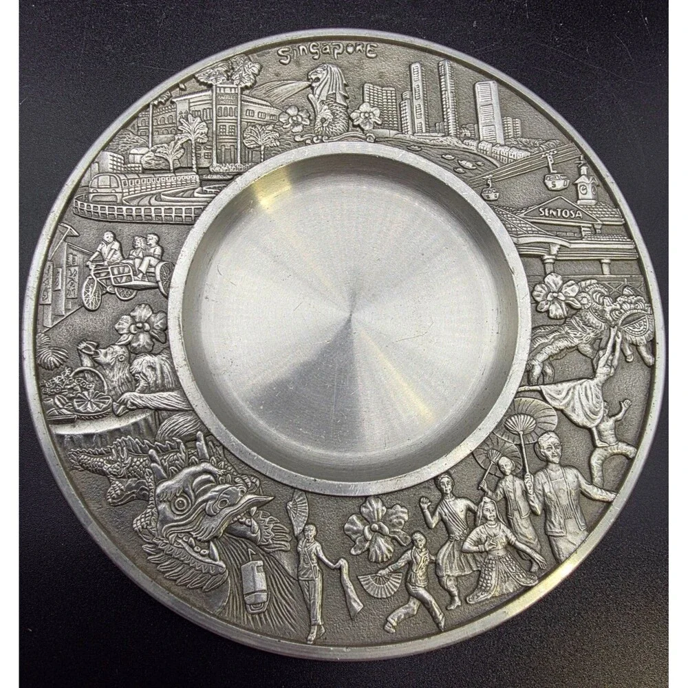 Vintage Eastern Pewter Singapore Souvenir Ashtray Scenic 5
